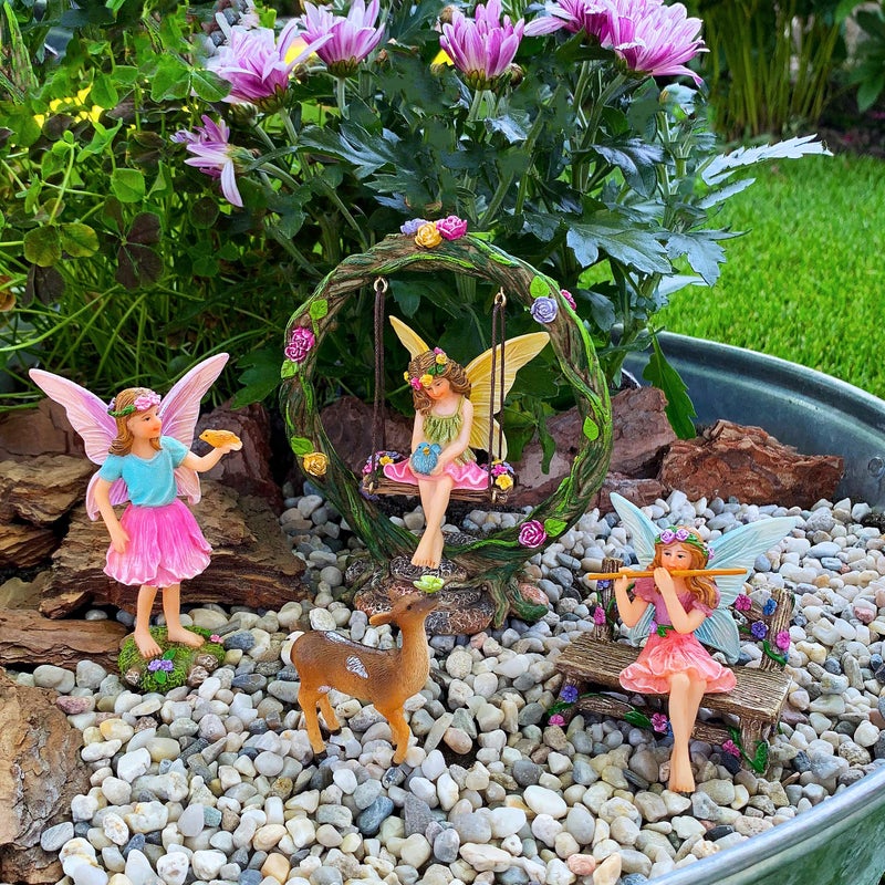 Mood Lab Fairy Garden Kit - Swing Set of 6 pcs Miniature Figurines & Accessories - Hand Painted for Outdoor or House Decor - Image 2